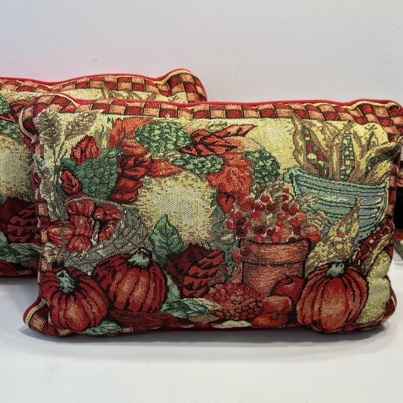 Set Of 2 Fall Autumn Thanksgiving Tapestry Throw Accent Pillows Pumpkins - Picture 3 of 9